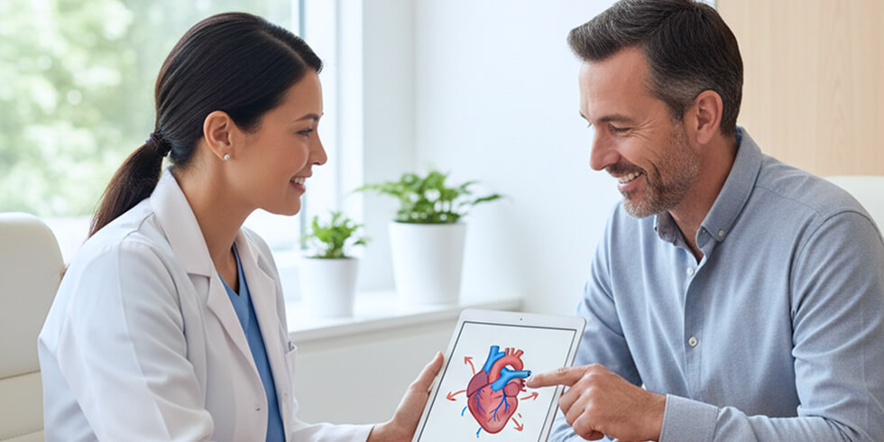 Ärztin Erklärt Patient Herzdiagramm Auf Tablet