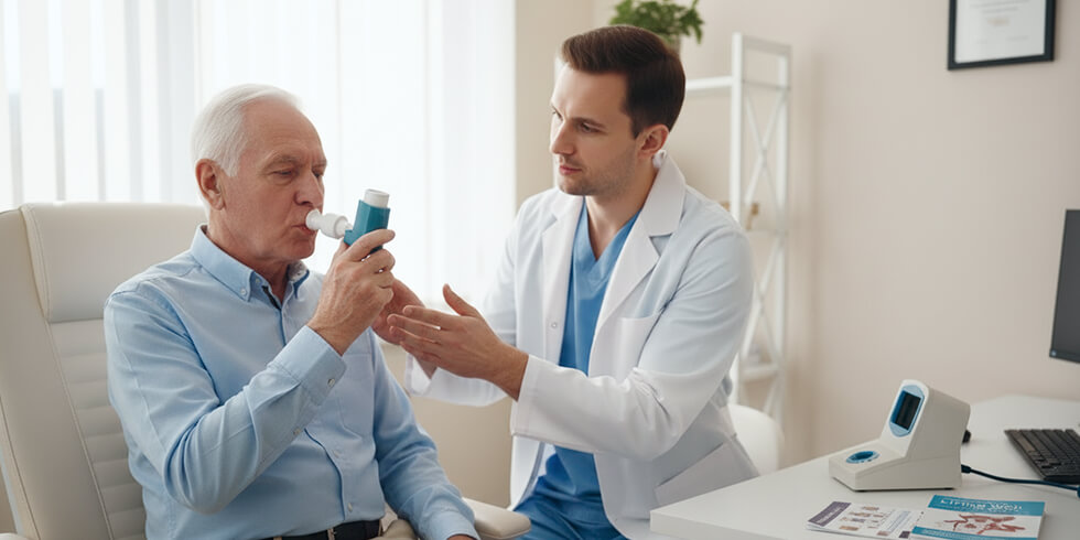 Arzt Zeigt Patient Inhalator Anwendung
