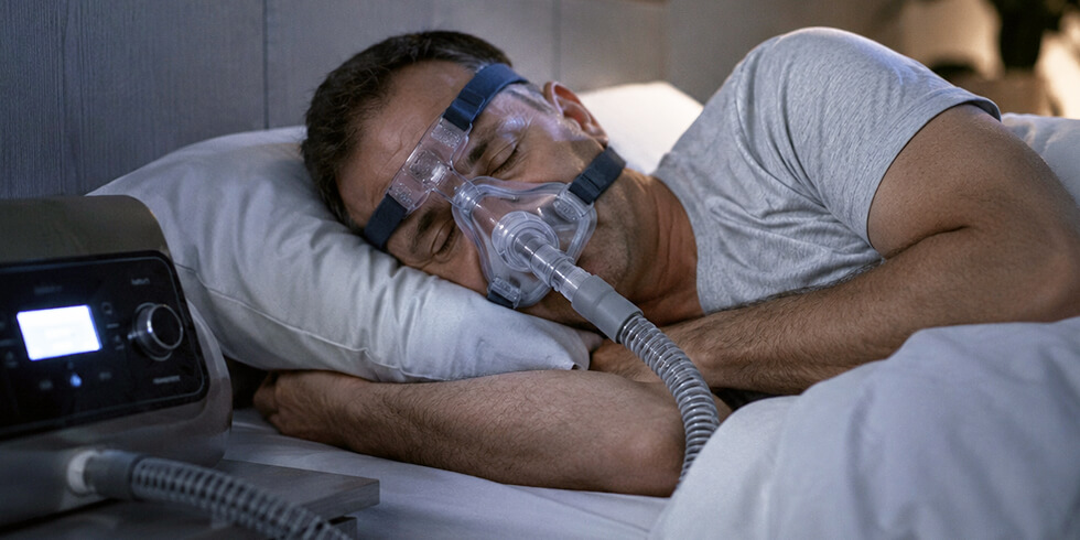 Mann Schläft Mit Cpap Maske Bei Schlafapnoe